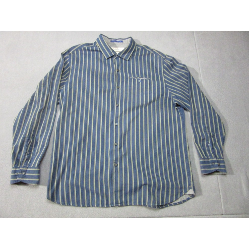 Tommy Bahama Shirt Mens XL Blue Striped Silk Blend Modern Fit Long Sleeve